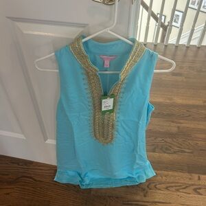 Lilly Pulitzer Turquoise Gold Embroidered Blouse